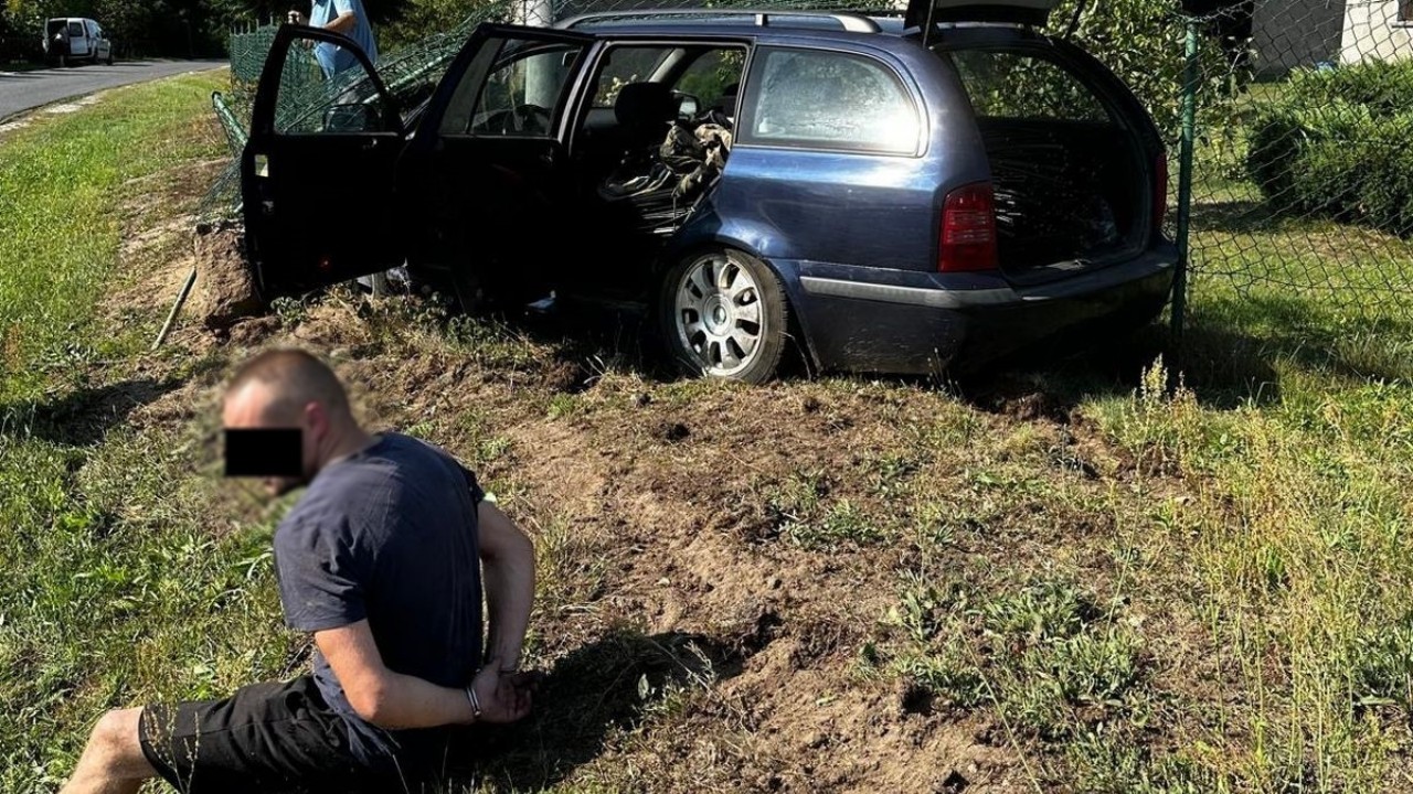 Ucieczka przed policją zakończona w rowie. Skradziony samochód, kradzione kable i zakaz prowadzenia